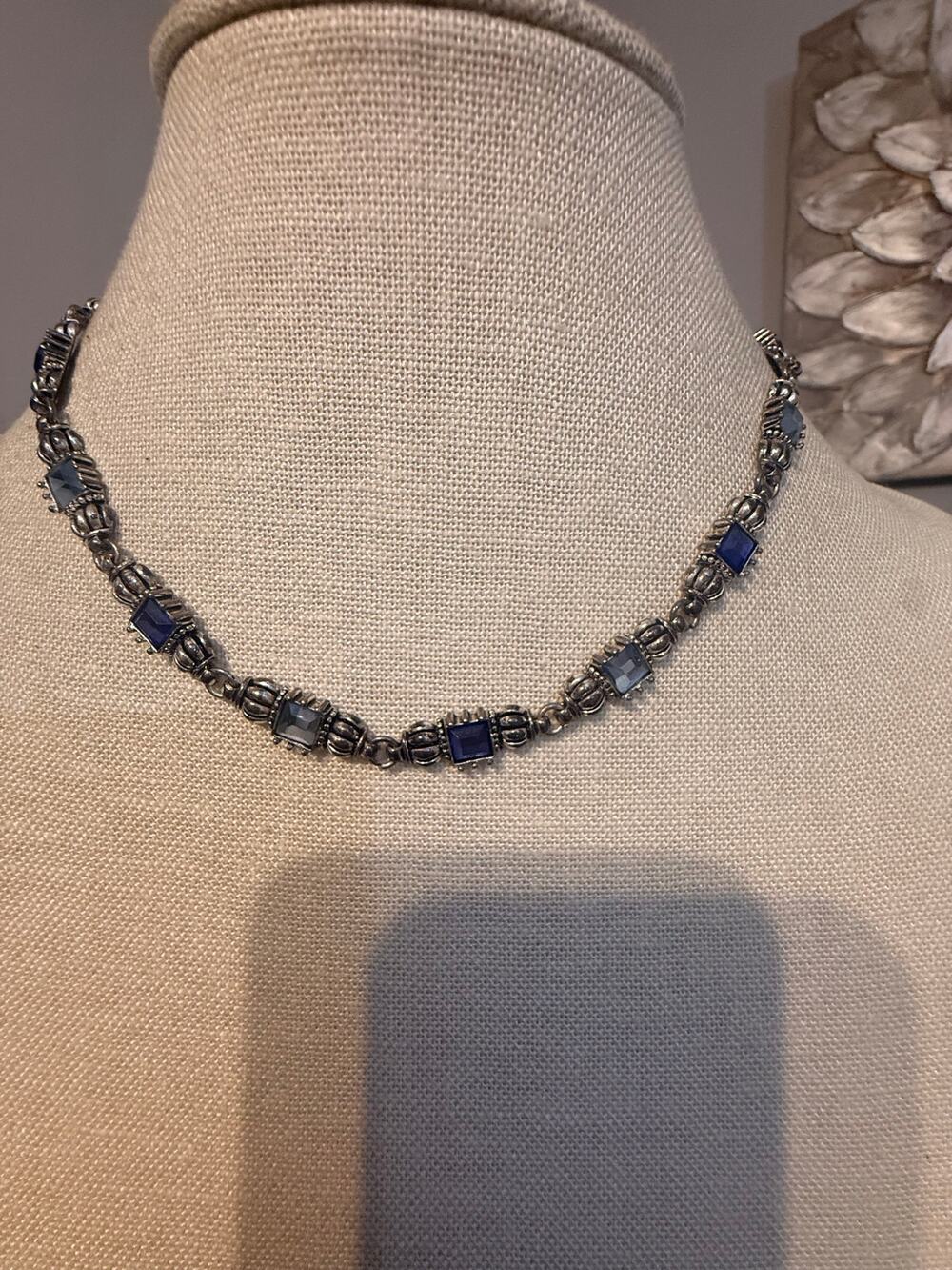 Vintage Blue Rhinestone Silver Tone Necklace 16”